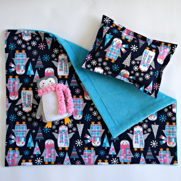 Penguin Doll Bedding Set, 18" doll bedding, navy, aqua, pink, white, doll bedding, penguins, girls birthday
