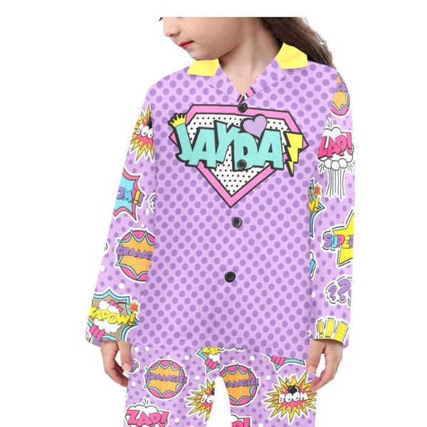 Super Girl Super Hero Pyjama à manches longues personnalisé | | du pouvoir des filles Pyjama comique | Filles PJ | Ensemble de pyjama d’autonomisation des filles | Vêtements de sommeil pour filles