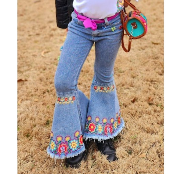 Custom 70s Inspired Girls Bell Bottom Jeans Too Groovy Jeans Encanto  Inspired Jeans Girls Flare Jeans Floral or Pearl Design 