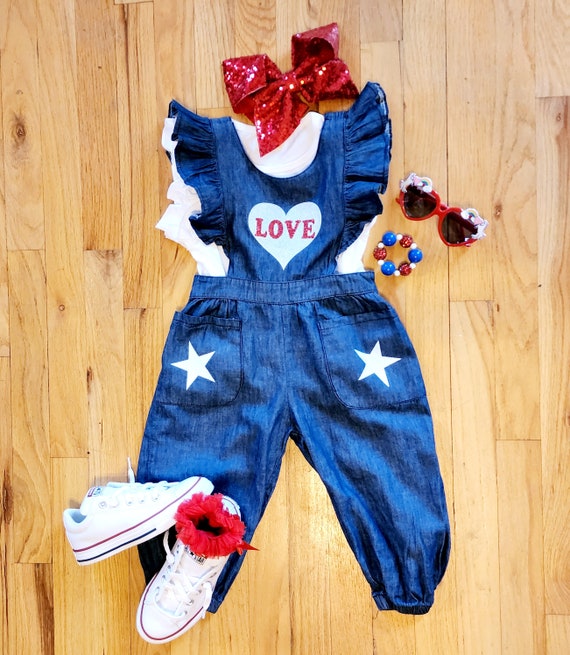 Toddler Girls Custom 4th of July Blue Jean Knickers 4th of July Girls 2 PC Outfit Shirt and Jean Jumper Blue Jean Jumper With Pockets Etsy