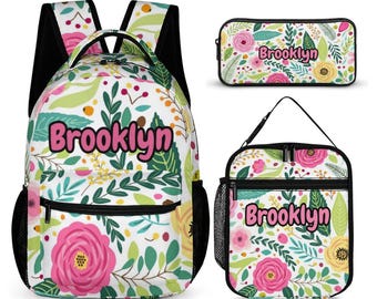 Personalized Floral Backpack Lunchbox Pencil Case Set: Back to School