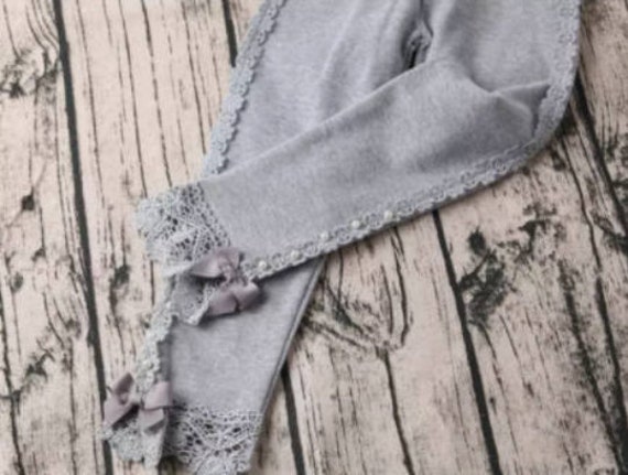 Cream or Gray Beaded Leggings With Bow 