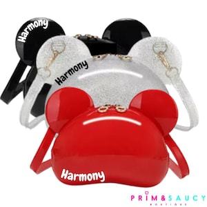 Bolsos de mano personalizados con orejas de ratón / Bolsos para niñas, monederos, bandoleras, Princesa Tiana, personalizados en rojo, negro, plateado / inspirados en Ariel de Disney imagen 1