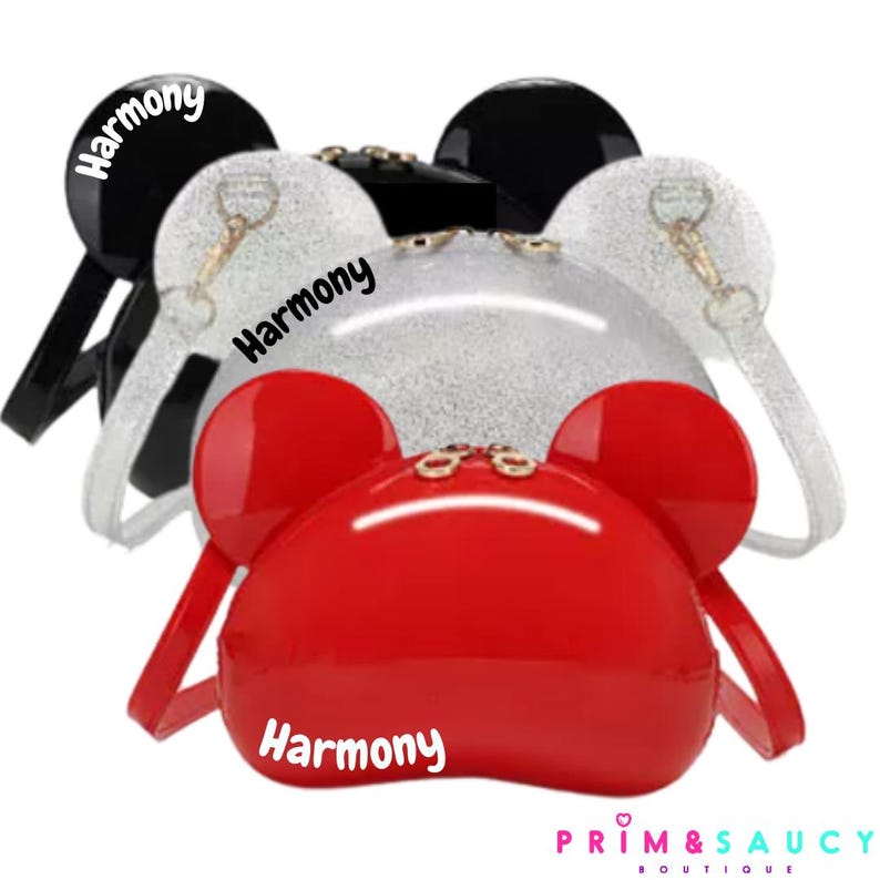 Bolsos de mano personalizados con orejas de ratón / Bolsos para niñas, monederos, bandoleras, Princesa Tiana, personalizados en rojo, negro, plateado / inspirados en Ariel de Disney imagen 1