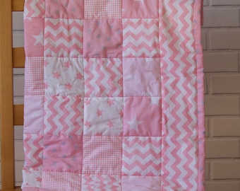 Summer Baby Blanket made in Patchwork style, Pink Quilt for Girl, Soft Quilted Handmade Baby Bedding.
