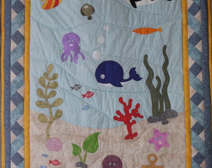 Marine Baby Quilt, Blue Quilts Nursery Decor, Under the Sea Creatures