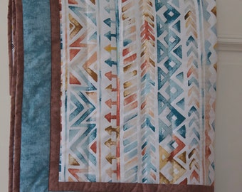 Aztec Baby Blanket, Nursery Quilt, Modern Crib, Bedding Decor Blue Brown Toddler.