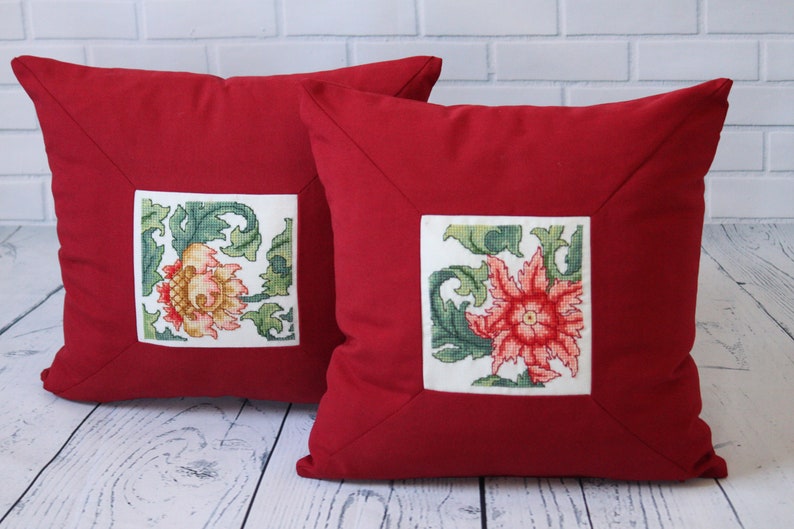 Handmade embroidered Pillow cases with floral design. Cross Etsy