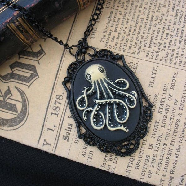 Kraken Cthulhu noir Octopus Steampunk Collier pendentif camée Vintage gothique