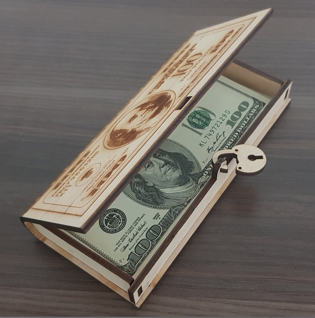 Nice Engraved Wood Box Holder for Dollars / USD, Money, Cash, Banknotes