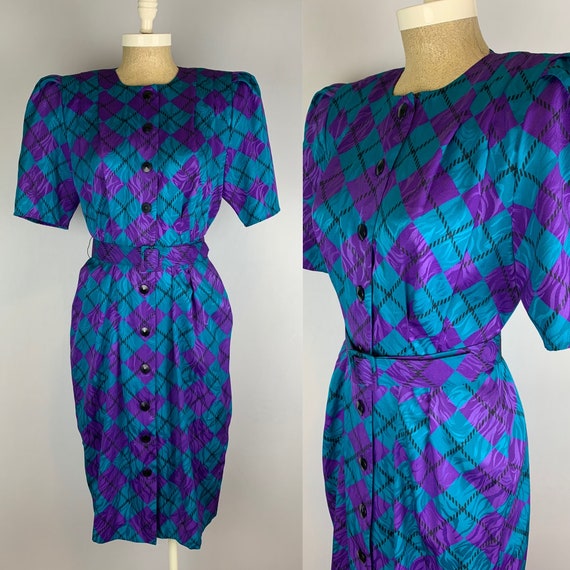 Vintage 80s Purple and Teal Argyle Polyester Dress - image 1