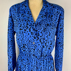 Vintage 80s Black Spotted Blue Dress with Padded Shoulders Size Large