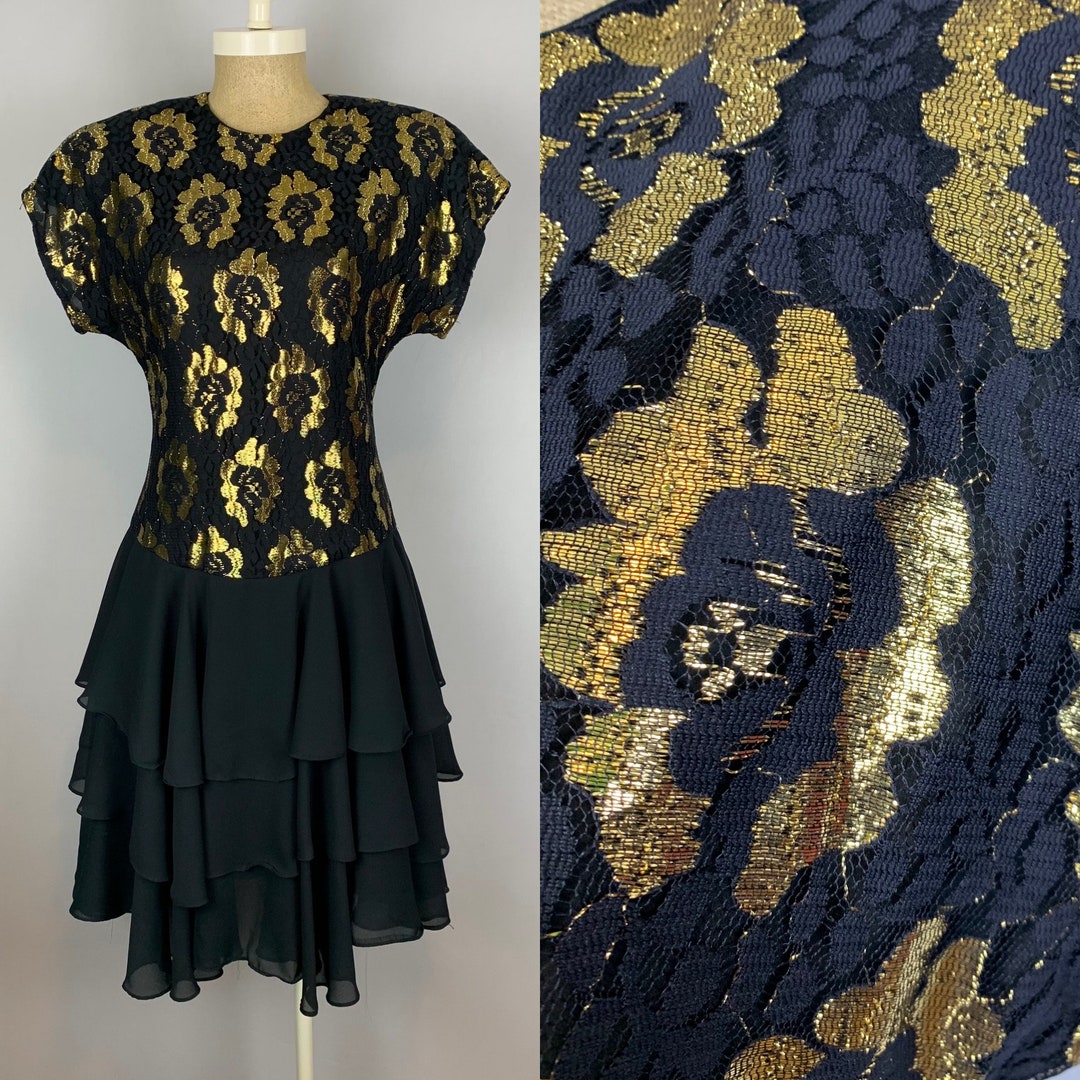 80’s Black and Gold Lace Mini Dress