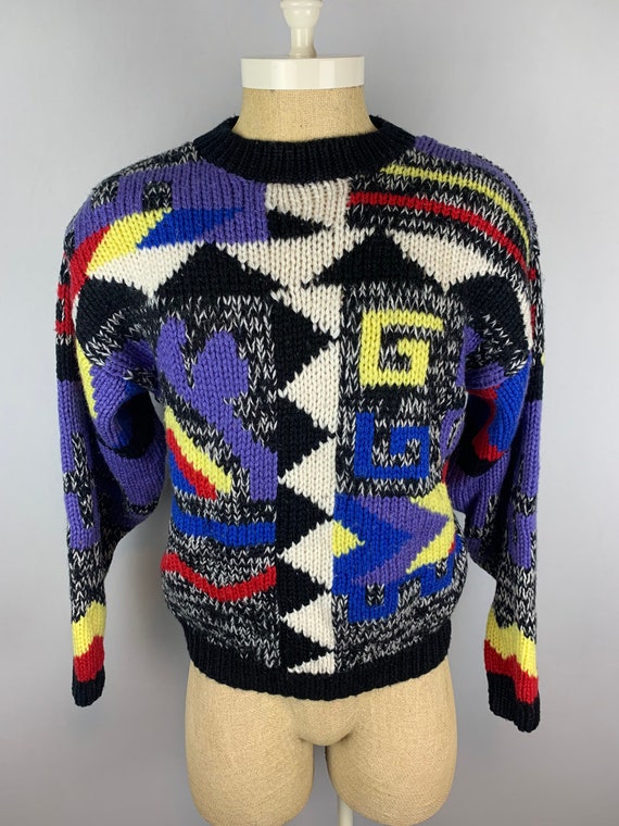 Vintage 80’s Men’s Multi Colored Hand Knit sweate… - image 1