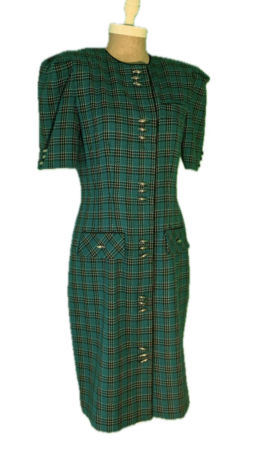 Vintage 80s Teal Checked Leslie Fay Dress