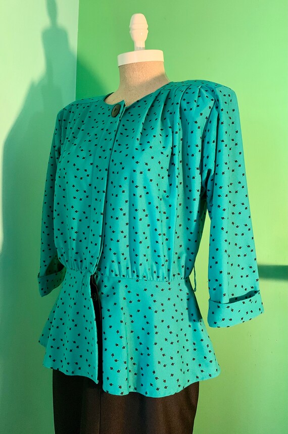 Vintage 80s does 40s Two-tone Teal Print Dress - image 5