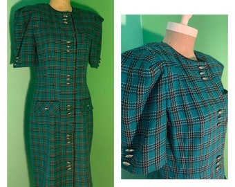 Vintage 80s Teal Checked Leslie Fay Dress
