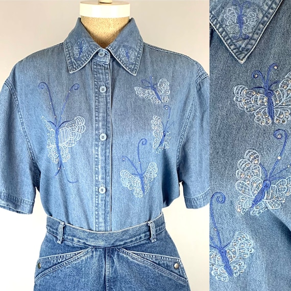 Denim Embroidered Studded Butterfly Shirt | Vinta… - image 1