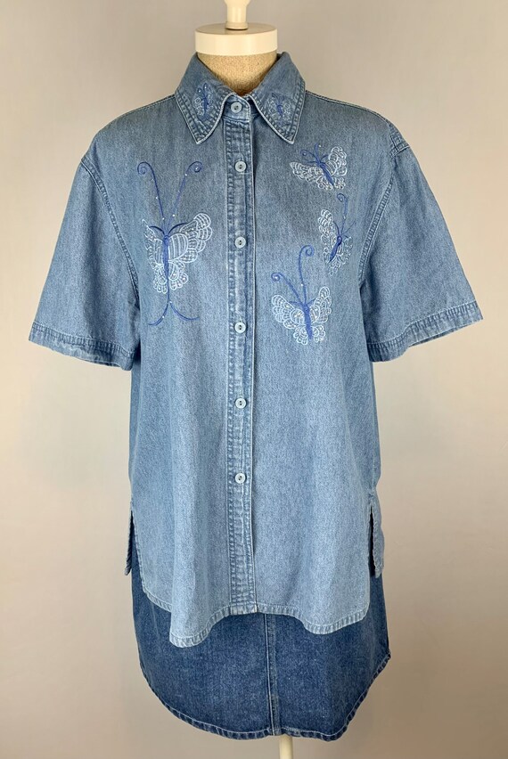 Denim Embroidered Studded Butterfly Shirt | Vinta… - image 5