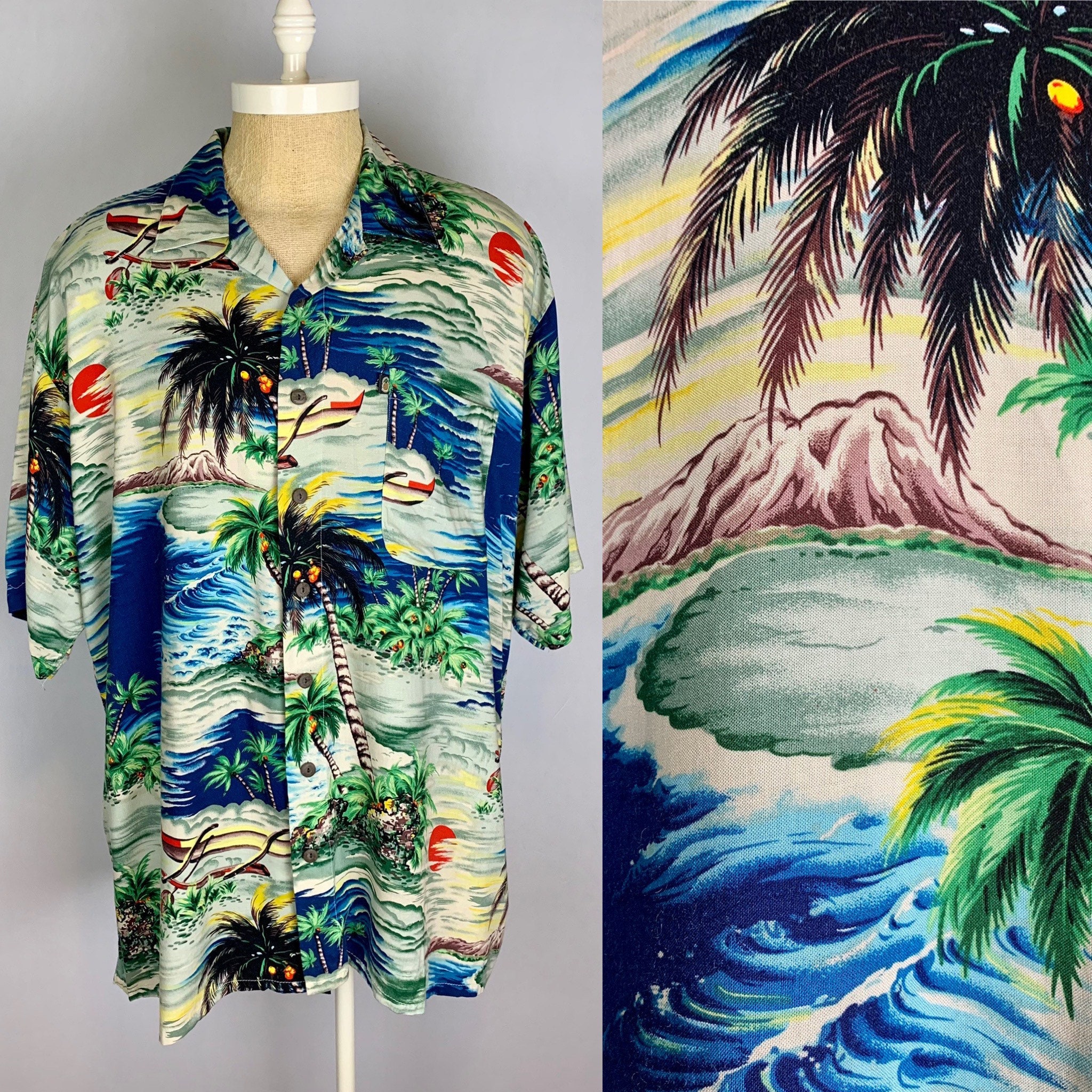 Vintage Hutspah Mens Abstract Hawaiian Disco LS Shirt Khaki Rayon