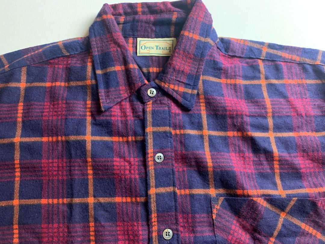 Vintage 80s Black & Burgundy Plaid Flannel Shirt Size Large Open 