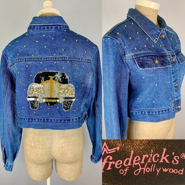 Vintage 90’s Frederick’s Of Hollywood Cropped Car Sequined Denim Jacket Size Medium