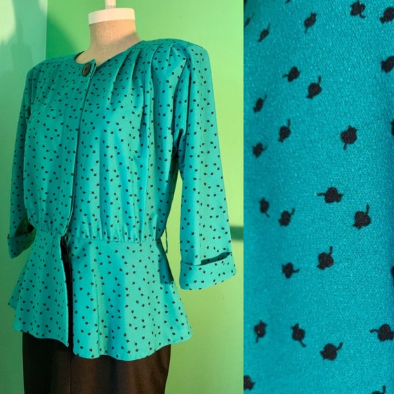 Vintage 80s does 40s Two-tone Teal Print Dress - image 1