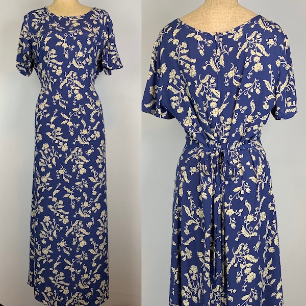 Vintage 90s Blue Floral Rayon Dress Size 12