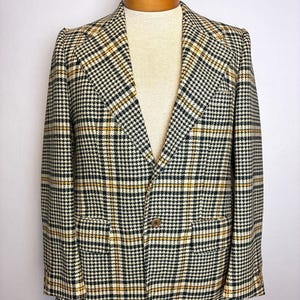 Vintage 1970s J.Riggings Men’s Green And Yellow Houndstooth Wool Sports Coat / Blazer - Size 40