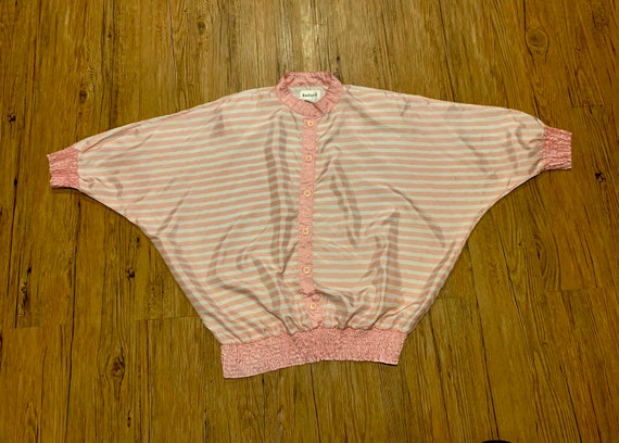 Vintage 80s | Pink Striped Batwing Blouse  | Size… - image 1