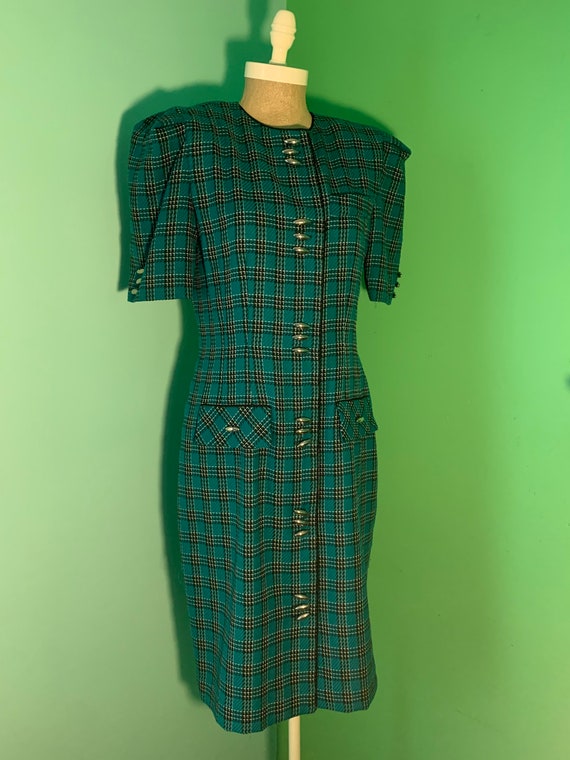 Vintage 80s Teal Checked Leslie Fay Dress - image 6