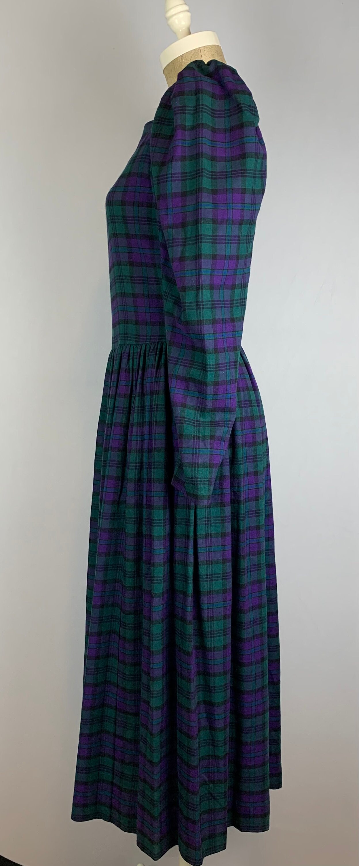 Vintage 80s Laura Ashley Plaid Maxi Dress: Green Purple Tartan