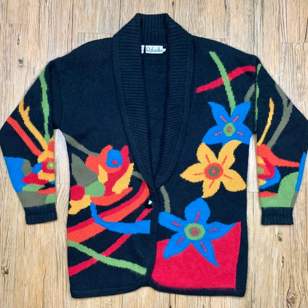 Vintage 80s Bold Floral Print Rafaella Cardigan Sweater