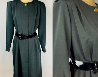 Vintage 80s Black Secretary Dress | Pleated Blouson Dress | Puff Sleeve w/ belt| Size
