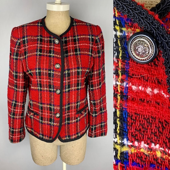 Vintage 80s 90s Red Plaid Blazer Cropped Jacket S… - image 1