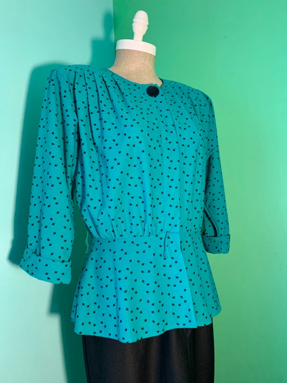 Vintage 80s does 40s Two-tone Teal Print Dress - image 2