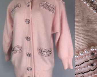 Vintage 80’s Pink Sequined Pearl Fuzzy Angora Sweater | Padded Shoulder Batwing | Size Medium