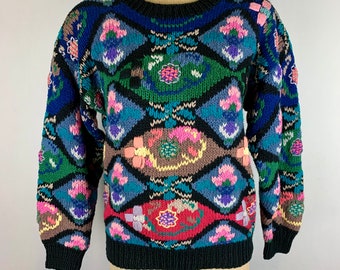 Vintage 80s Fair Isle Hand Knit Sweater Small