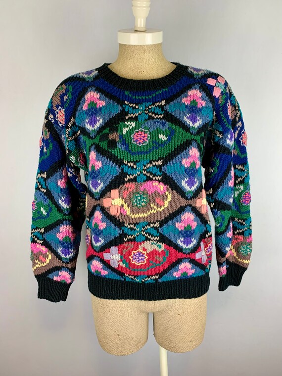 Vintage 80s Fair Isle Hand Knit Sweater Small