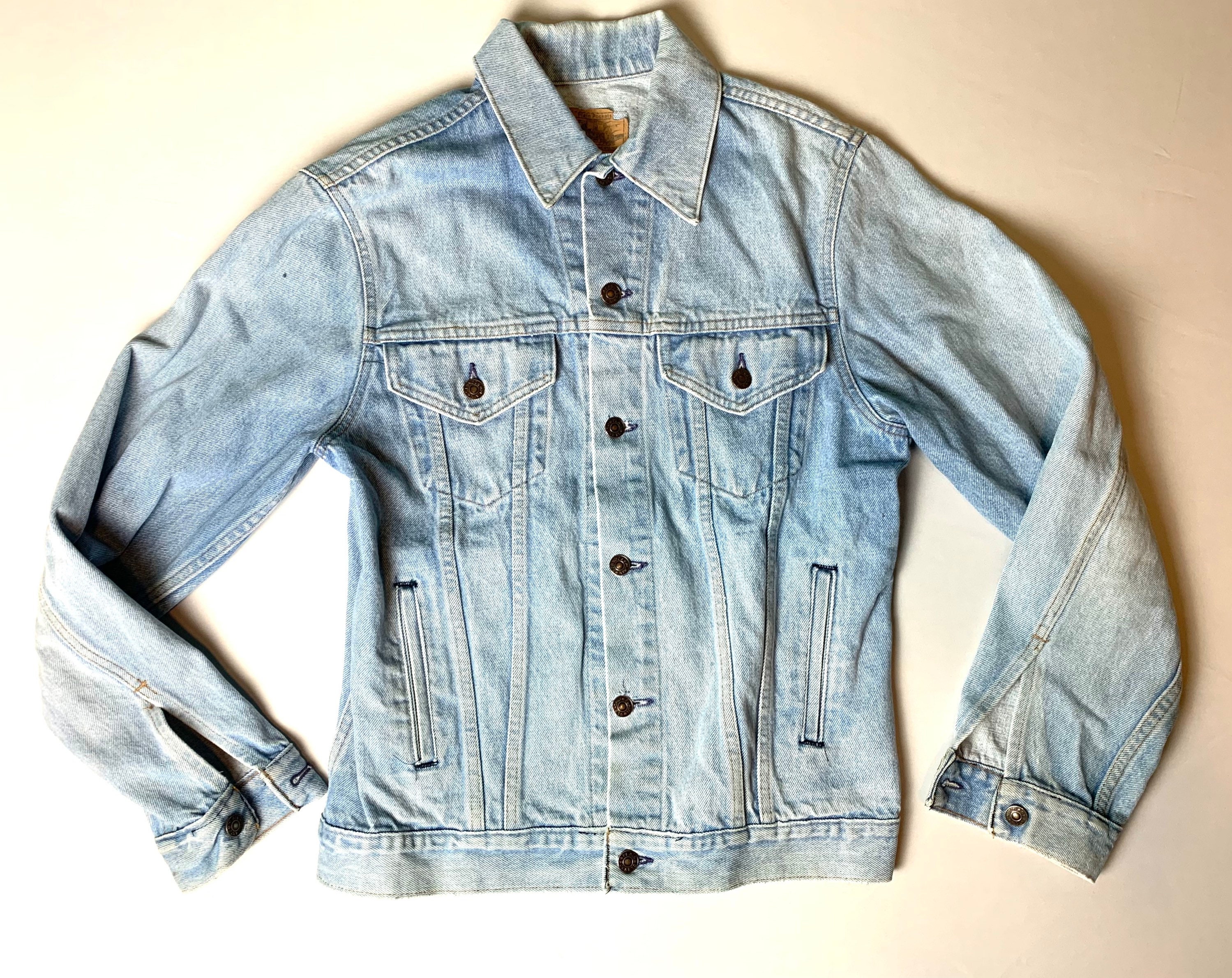 Plain Pockets Faded Denim Trucker Jacket Vintage 80s Size 