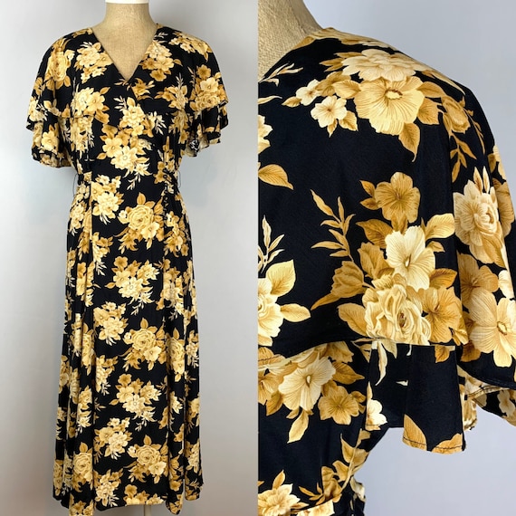 Vintage 90s Floral Rayon Tie Back Dress | Cottage… - image 1