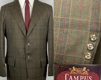 Vintage 70’s Campus Men’s Green Plaid Blazer Sports Coat Size 40 R