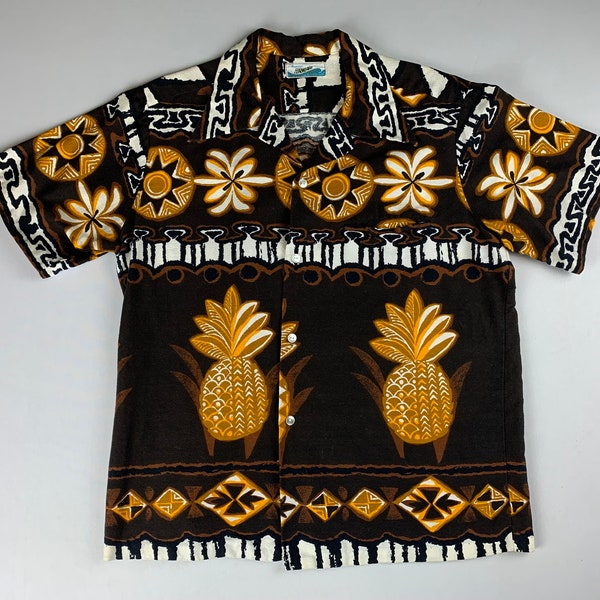 Vintage 60s Penney’s Tiki Vibes Pineapple Print Hawaiian Shirt Size Medium/Large
