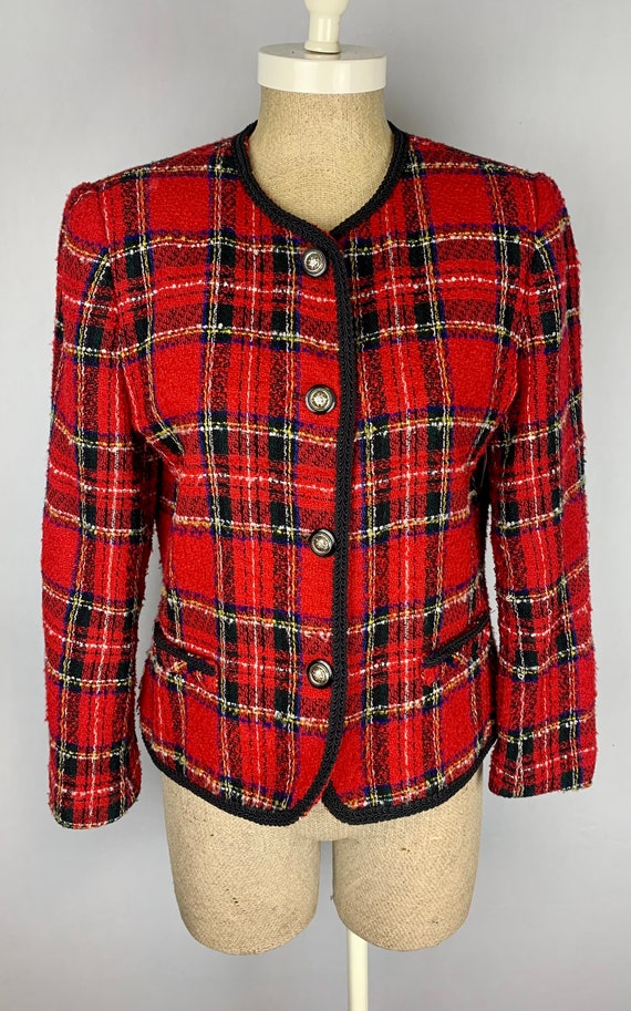 Vintage 80s 90s Red Plaid Blazer Cropped Jacket S… - image 3