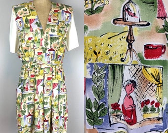 Illustrated Floral Bird Print Rayon Romper | Vintage 80s | Padded Shoulder | Cottagecore | Size 10