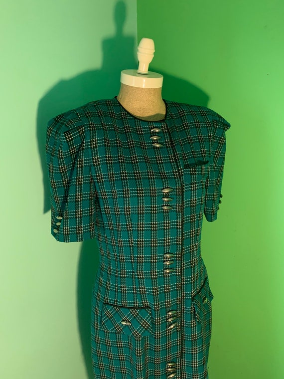 Vintage 80s Teal Checked Leslie Fay Dress - image 3