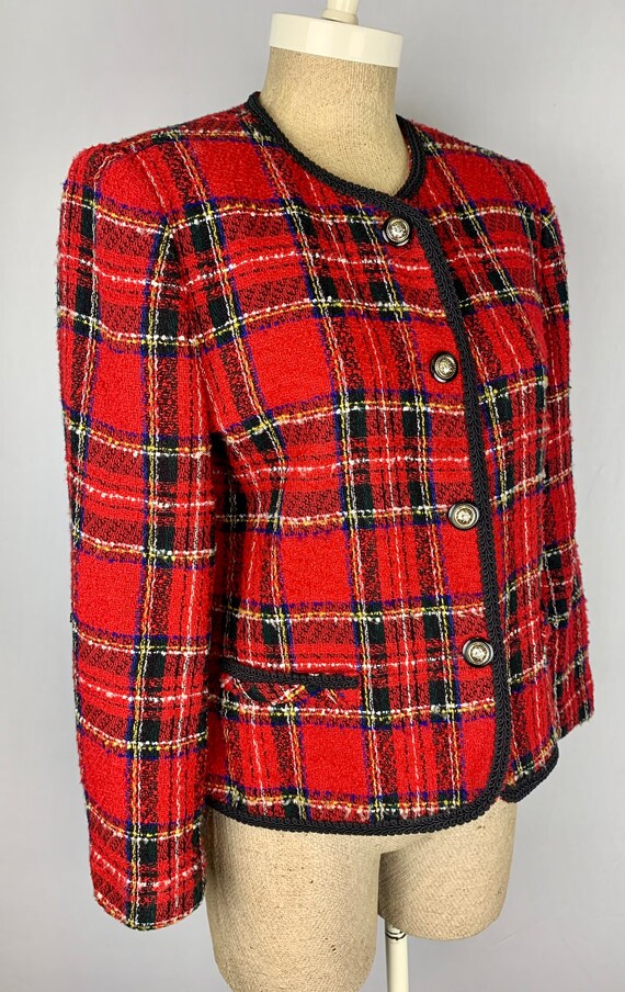 Vintage 80s 90s Red Plaid Blazer Cropped Jacket S… - image 5