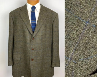 Vintage Men’s Green Blue Check Wool Blazer Sports Coat Size 48 R 3-Button