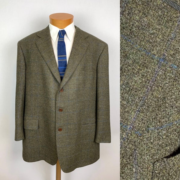 Vintage Men’s Green Blue Check Wool Blazer Sports Coat Size 48 R 3-Button