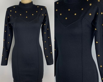 Vintage 90’s Black Bodycon Mini Dress with gold studs Size Small